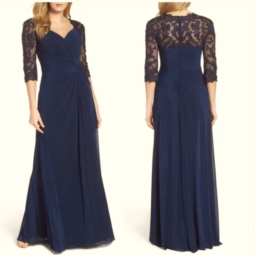 La Femme Ruched Navy Twist Column Gown - Women's Size 14 - Mother of the bride